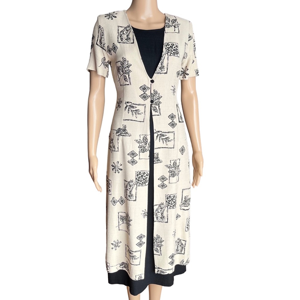 Vintage 90s Joibel Petite Midi Dress S | Black Cream Abstract Rayon